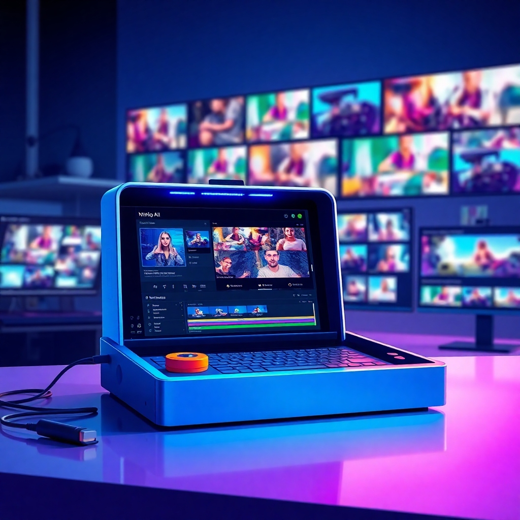 Illustrate a vibrant digital toolbox filled with cutting-edge video editing tools used in MovieReelAI, displayed prominently on a sleek work surface. The composition should have clear lighting that spotlights the diverse tool options available for creators. The use of bright colors illustrates the engaging nature of the software, while various screens in the backdrop show examples of finished video projects, communicating the successful outcome of using these tools.