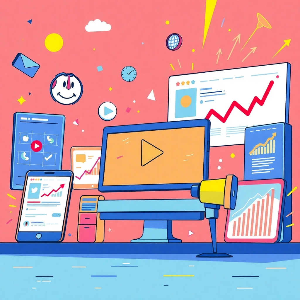 Illustrate a vibrant marketing campaign for an AI video business with visuals of social media platforms and promotional materials. The scene should be energetic, with action-oriented elements like analytics and engagement metrics highlighted through bright, attention-catching graphics. Use colors that command attention and create an aspirational feel, ensuring the scene encapsulates the excitement of marketing in the digital age.