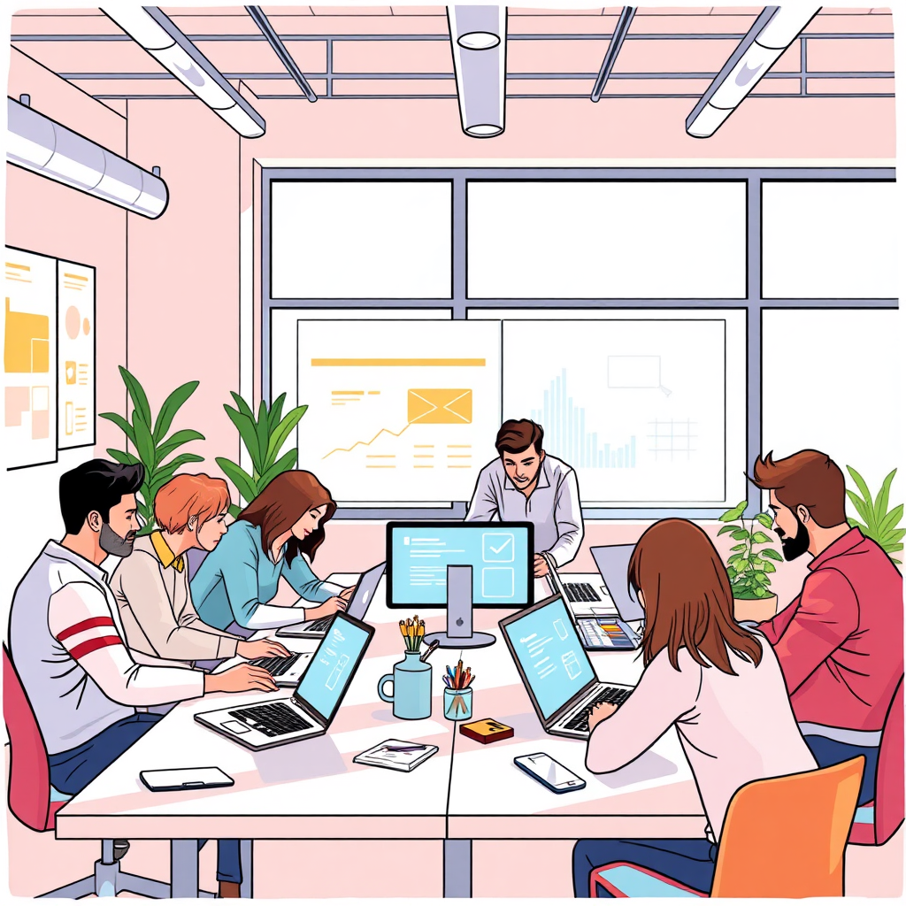 Illustrate a vibrant workspace where a digital team collaborates over design and implementation strategies, surrounded by laptops and interactive screens. The setting should use natural light to create a welcoming atmosphere, with bright colors symbolizing creativity. Capture a mid-range view that highlights engagement and participation in a dynamic process, aiming for a photorealistic quality.