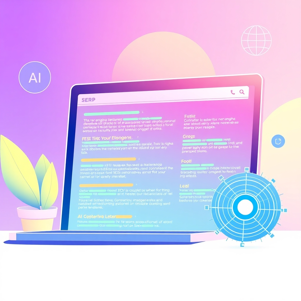 Illustrate a visual of a search engine results page (SERP) highlighting the influence of SEO optimization. The SERP should be filled with enhanced listings and AI analysis graphics nearby. Bright colors should attract attention to the listings with smooth lines leading from the analytical graphics. The environment should suggest clarity and precision, designed to instill confidence in the effectiveness of optimized SEO. Capture this scene in a clean, modern quality.