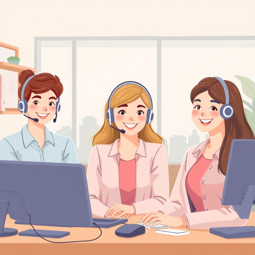 Illustrate a warm and inviting image of a customer support team ready to assist clients. The setting should be a cozy office environment with friendly staff members smiling and engaging with customers through headsets. Use soft colors and an approachable layout, evoking a sense of community and care. Include digital devices, emphasizing the tech-savvy aspect of the service. Aim for an inviting and reassuring atmosphere.