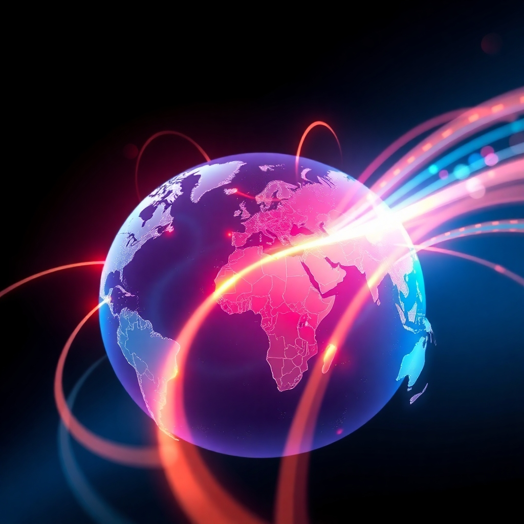 Illustrate a world map with streams of light connecting different continents symbolizing the flow of content. Use vibrant colors to brighten the image, creating a sense of movement. The camera angle should be slightly elevated to encompass the entire globe, with a modern digital interface overlay. Enhance the visual by incorporating texture around the globe. Ensure the image is photorealistic and high-quality.