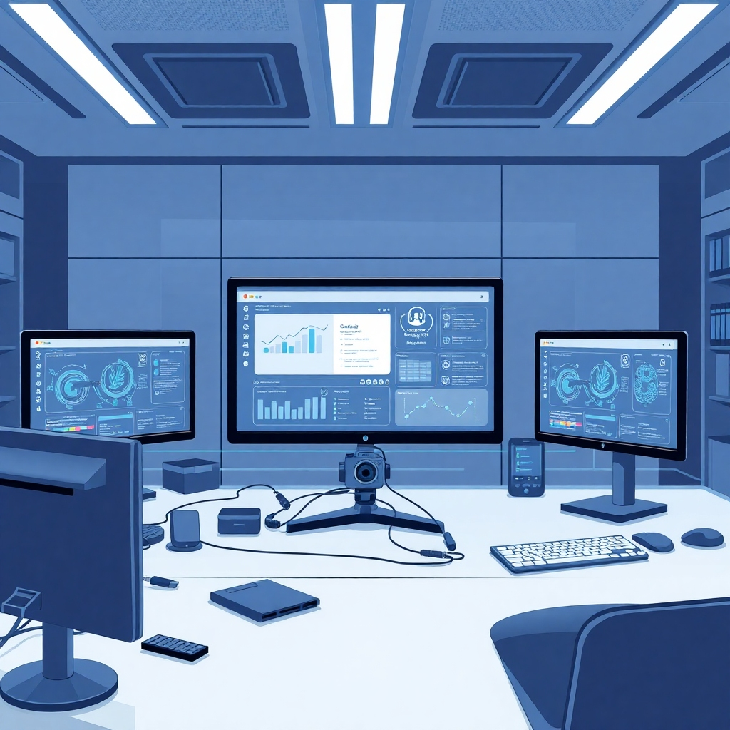 Illustrate an advanced workspace featuring a high-tech setup where content management is fully automated. There should be screens showing workflow diagrams and AI insights. Use a cool color palette including shades of gray and blue, emphasizing a modern and efficient atmosphere. The camera should be placed near the monitors, depicting the innovative technology in action.