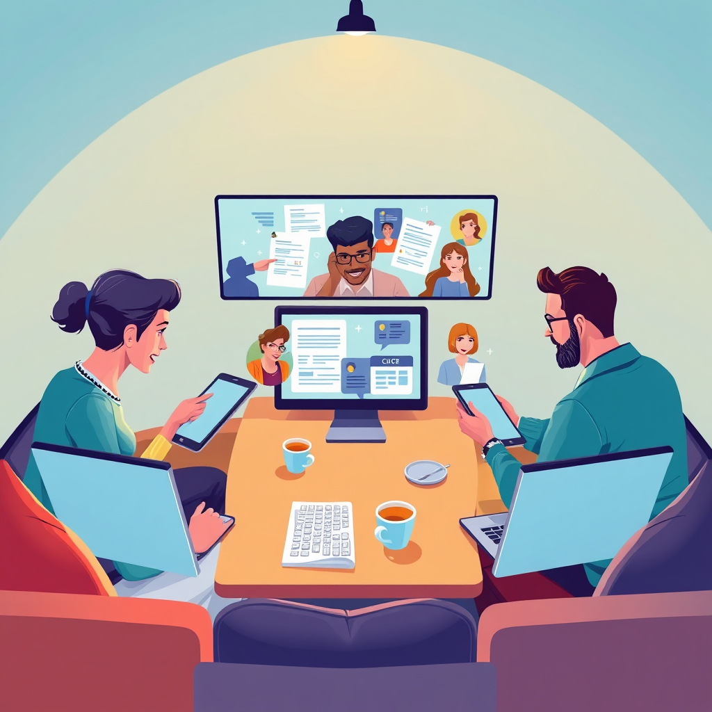 Illustrate an engaging scene of a diverse team connected virtually, interacting with UgenticIQ's platform through tablets and laptops. Use a vibrant color palette with cool tones to reflect technology and professionalism. Soft, overhead lighting enhances the composition. The camera angle should focus on the screens, displaying collaborative documents and live discussions. Props like coffee cups and casual seating suggest a friendly atmosphere. The image should carry a high-quality, modern feel.