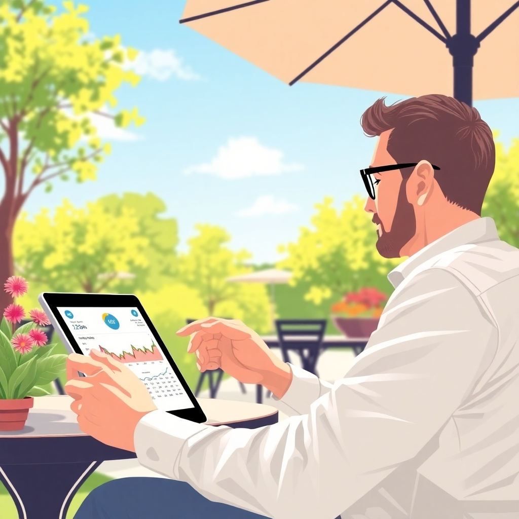 Illustrate an image of a digital marketer observing instant traffic analytics on a tablet while sitting in an outdoor café. The scene should be bright and sunny, symbolizing inspiration and creativity. Include elements of nature, like trees and flowers in the background, to create a fresh atmosphere. Capture the moment with a close-up of the screen showing impressive traffic stats, ensuring vibrancy and clarity.