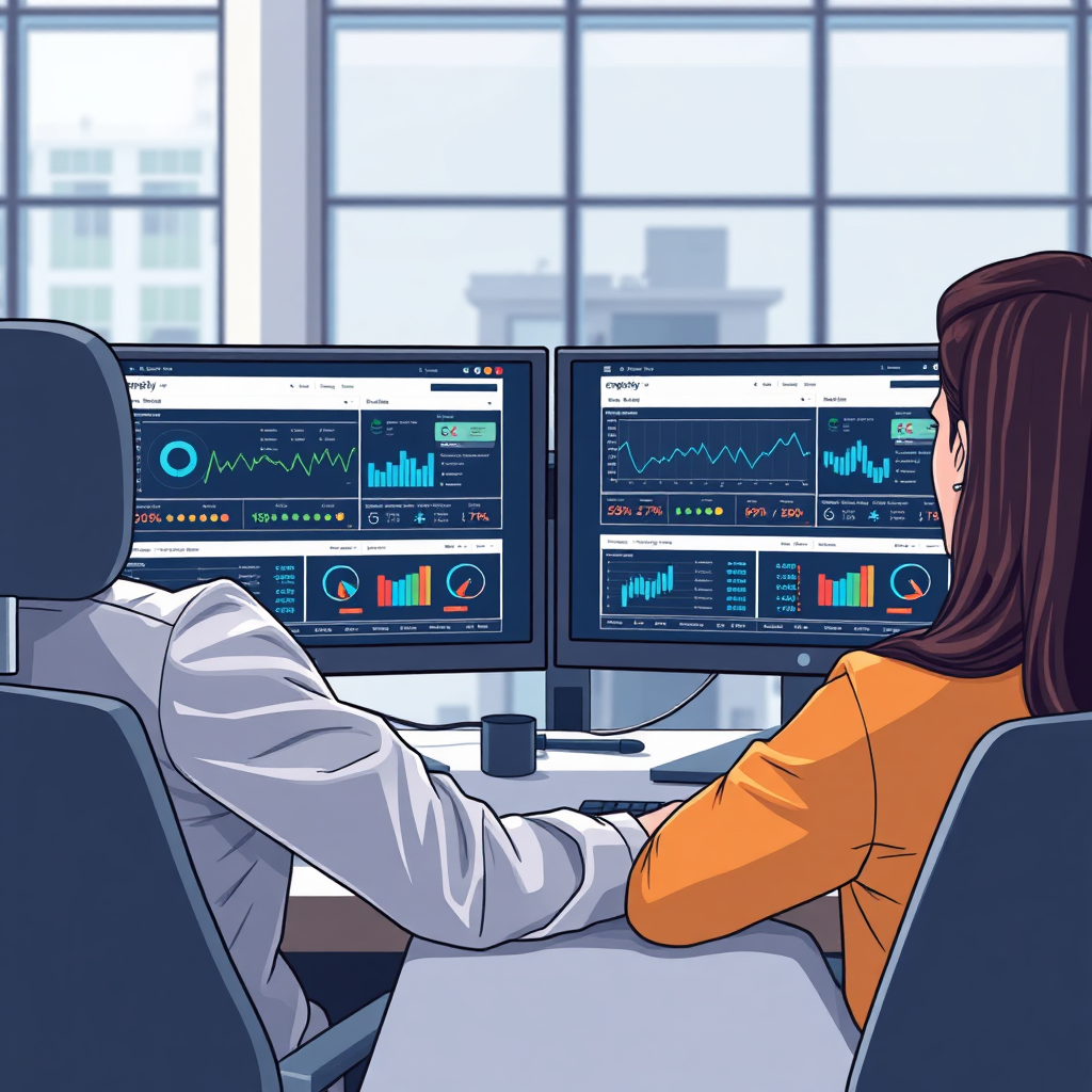 Illustrate an image of a focused professional using Empirely's tools on dual monitors displaying complex data visualizations. The setting should be a modern office with sleek furniture and ample natural light. Use cooler tones in the color palette to symbolize professionalism and focus. The camera angle should convey a close-up of the monitors while also including the professional’s expressions of determination. Aim for a clean, photorealistic look that resonates with business professionals.
