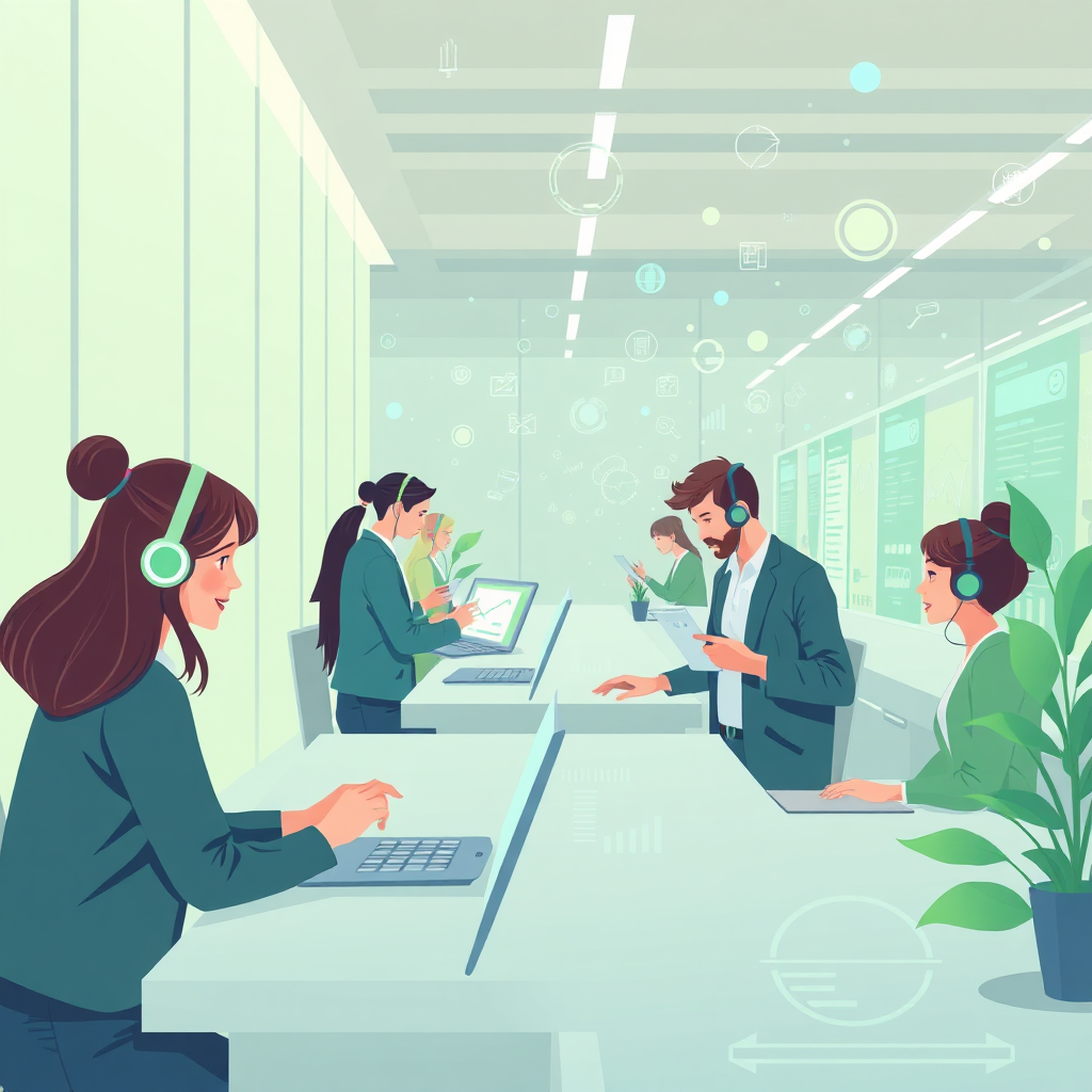 Illustrate an image showing a rapid workflow powered by AI technology. Feature individuals using technology seamlessly, with visual data in the air, symbolizing efficiency and future trends. Soft and bright lighting should be used to create an optimistic and productive environment. The color palette should include vibrant greens combined with neutral tones, delivering a sense of balance.