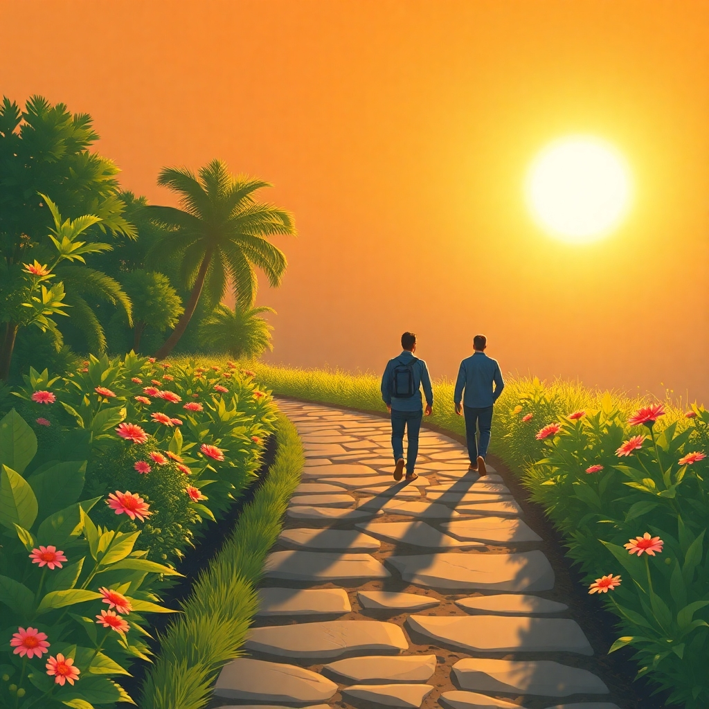 Illustrate an inspiring image depicting a pathway leading towards a bright horizon symbolizing financial freedom. The composition should include entrepreneurs walking confidently along the path surrounded by lush gardens, representing growth and opportunity. Use warm, inviting lighting to create an optimistic atmosphere and deepen the sense of a fulfilling journey.