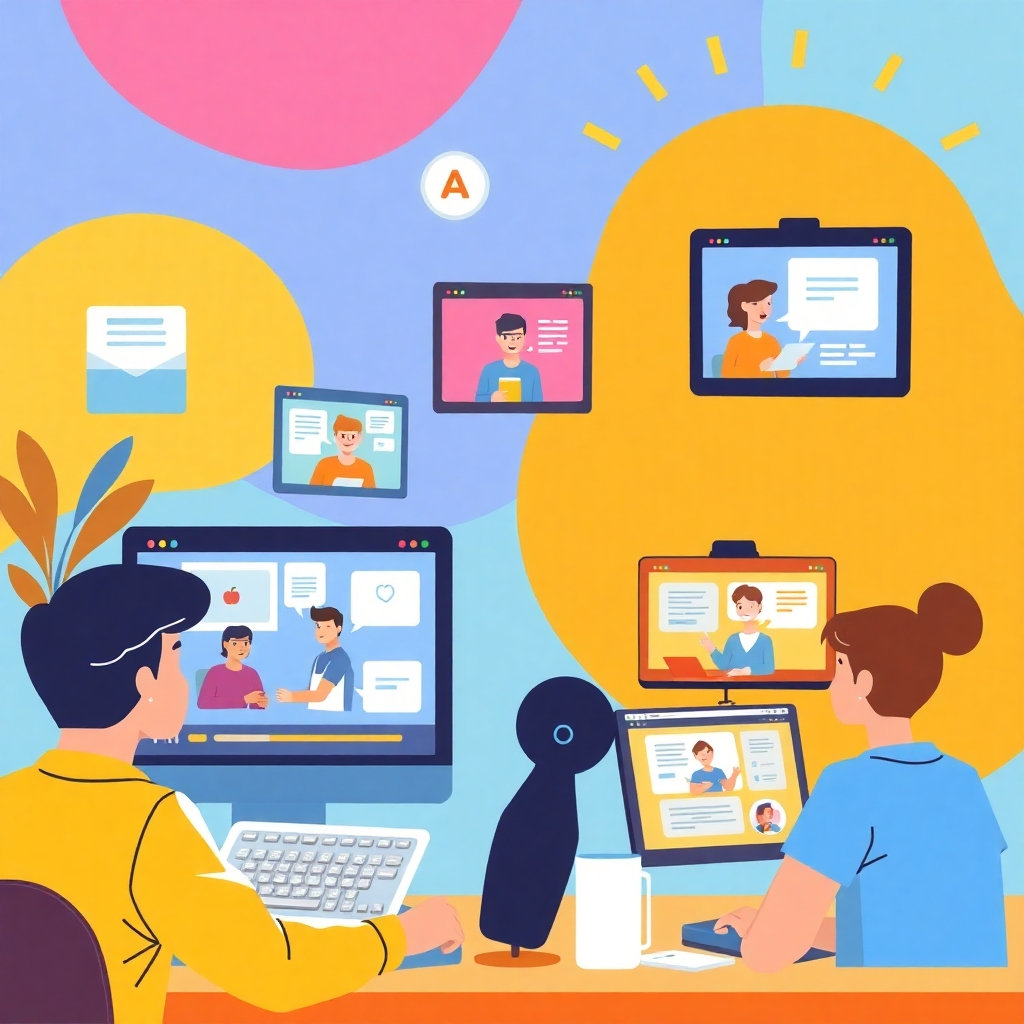 Illustrate an inspiring online learning platform with users actively engaging with tutorials and video lessons. Incorporate bright, motivating colors that enhance the educational atmosphere. Show screens displaying varied instructional content and users’ eager expressions, creating a dynamic environment that emphasizes growth and skill development.