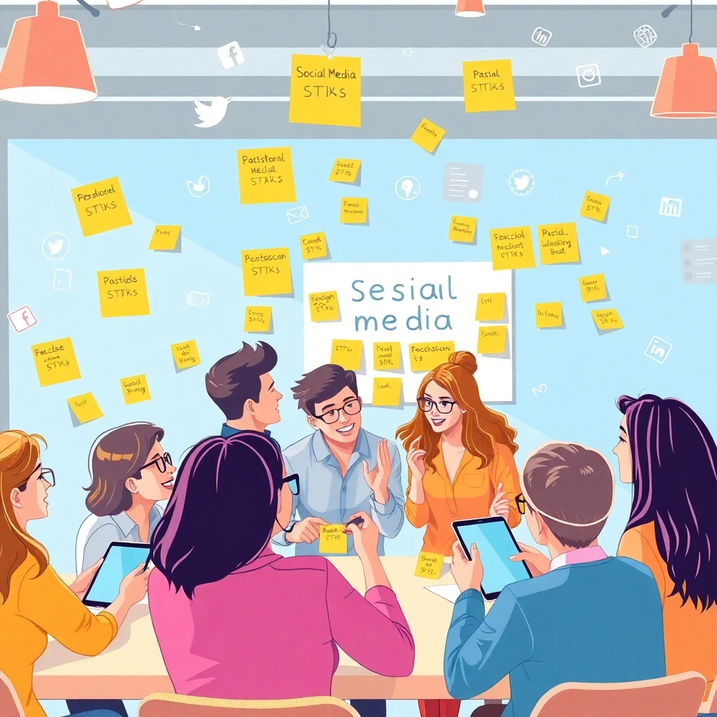 Illustrate an interactive session of an enthusiastic team brainstorming ideas in a bright, dynamic environment filled with social media inspirations. The image should capture various post-it notes and digital devices showcasing social media stats. Employ bright lighting to enhance creativity, focusing on diverse individuals animatedly discussing while ensuring the background includes modern tech elements, designed in a clean, high-quality style.