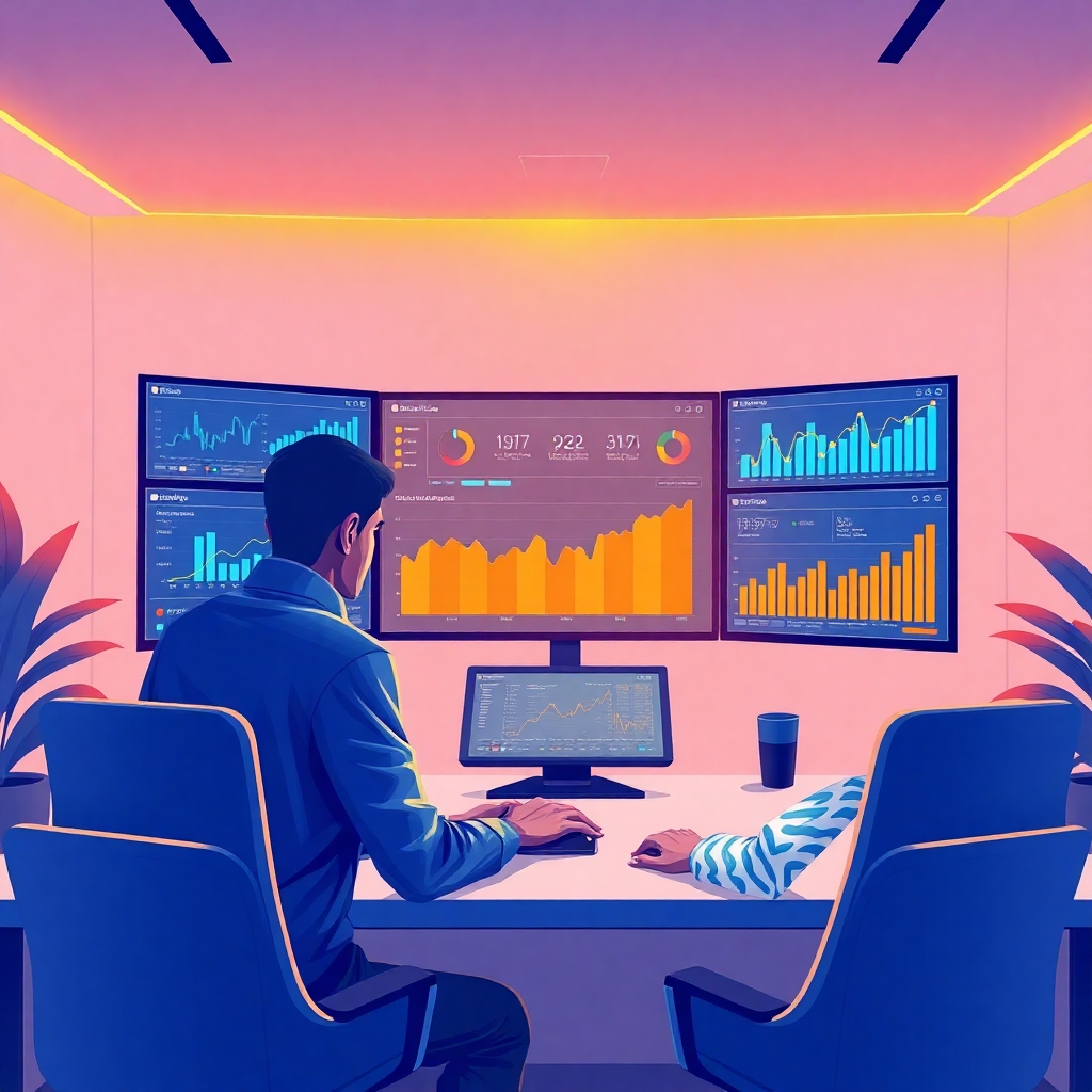 Illustrate an inviting workspace where a user is engaged with an AI dashboard visualizing audience analytics. The setup should involve high-tech screens showcasing graphs and social media metrics in a sleek, organized manner. Use vibrant colors like blues and oranges to convey a sense of innovation. The lighting should enhance the focus on the analytics, creating a dramatic feel. The image should inspire a sense of strategy and sophistication. Ensure the image is high quality and vibrant.