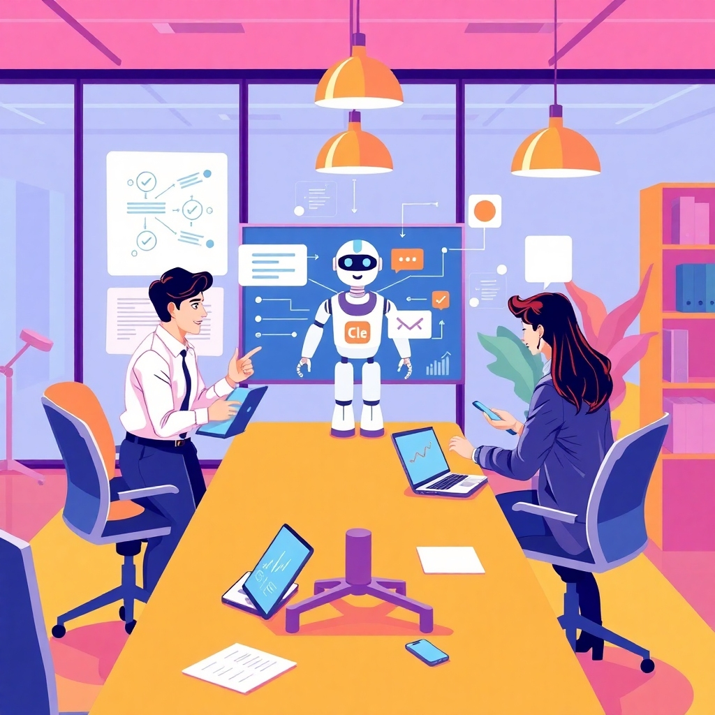 Illustrate an office setting where consultants are integrating a chatbot into a digital platform, highlighted by flowcharts and tech devices. The image should convey collaboration and innovation, using bright colors to emphasize the energy of teamwork in a modern workspace.
