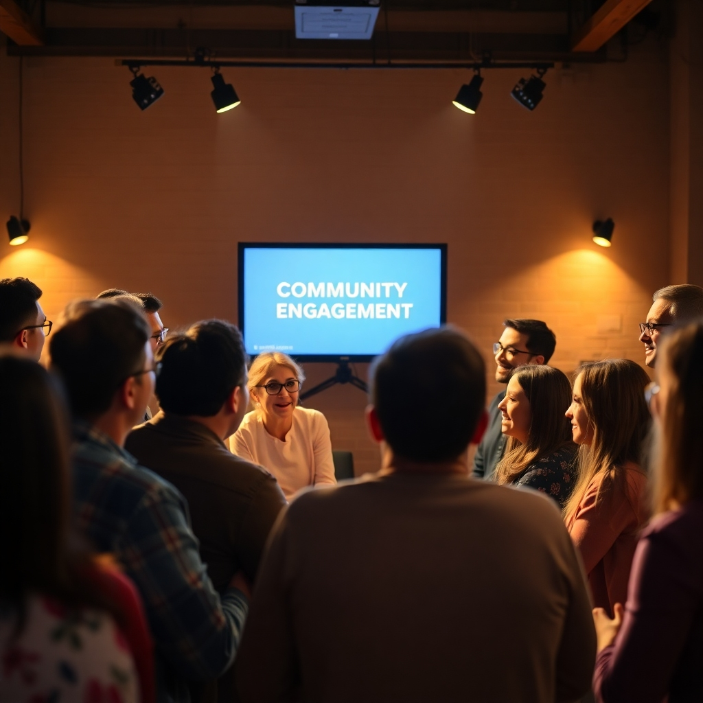 Illustrate the idea of community engagement through an image of a welcoming gathering of diverse individuals, both online and offline, involved in discussions around a central digital screen displaying a brand's message. The lighting should be warm, inviting, emphasizing the connections. Focus on expressions of enthusiasm among the participants while ensuring the digital screen is a focal point of the gathering. Use a slightly soft focus to evoke warmth and community spirit, blending photorealism with a heartfelt atmosphere.