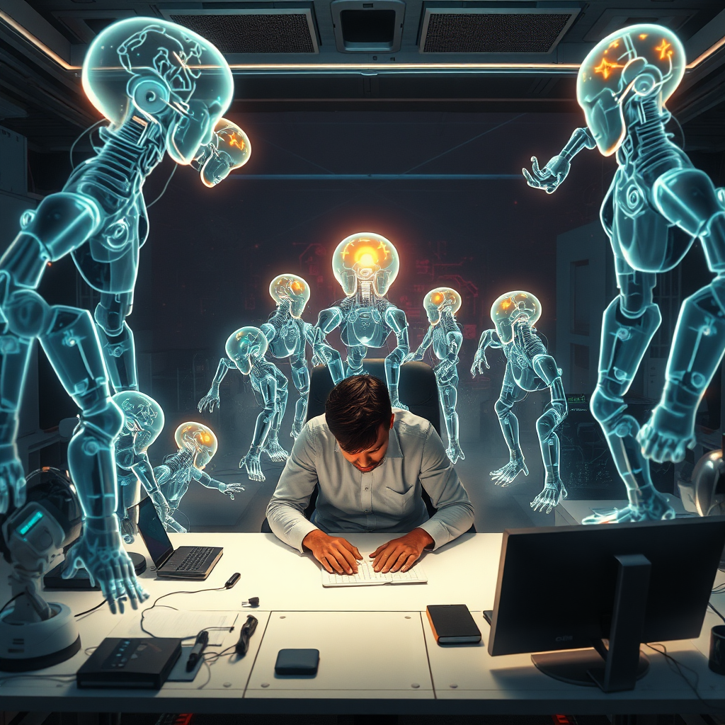 Imagery of a person at a desk, surrounded by holographic projections of their ideas forming into robotic clones. The lighting should focus on the person, highlighting their concentration, contrasted with the vivid colors of the holograms. The environment should be an advanced workspace with screens and tech paraphernalia. The camera angle should be slightly overhead, capturing the enormity of the ideas coming to life. Aim for a photorealistic style with crisp details, emphasizing innovation.