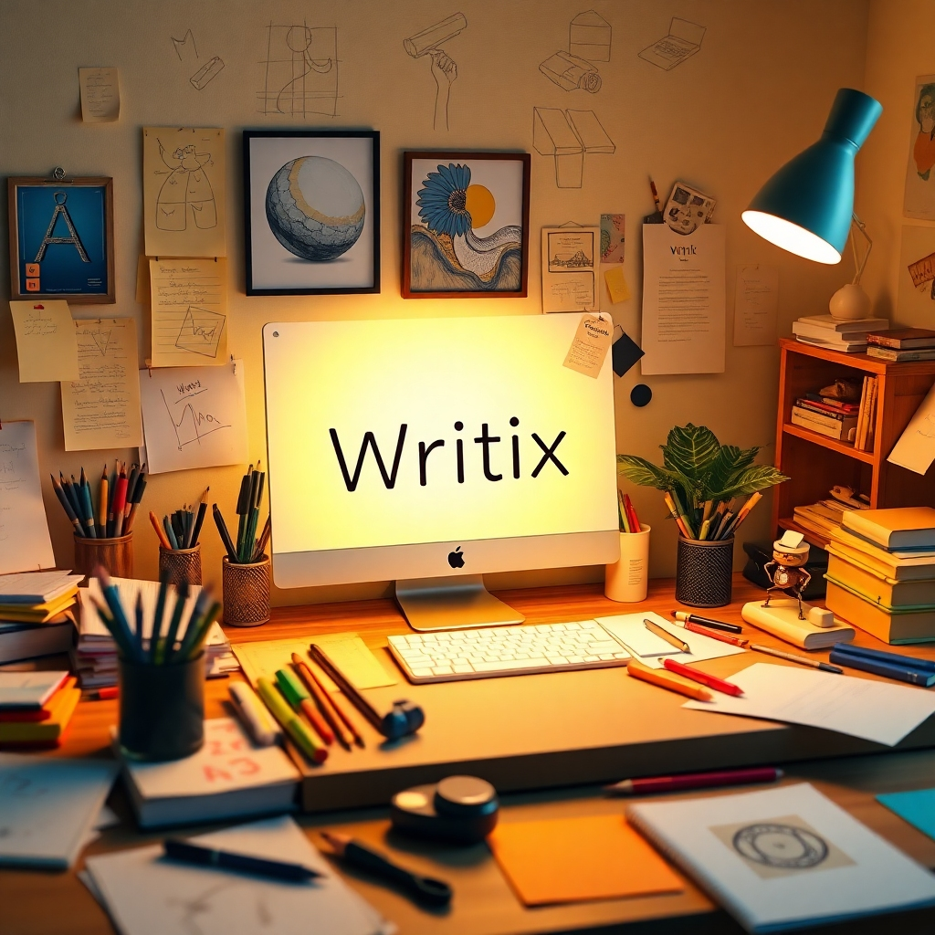 Imagine a creative workspace filled with inspiration, with Writix AI as the centerpiece. Surround it with notes, sketches, and creative tools, illuminated by soft ambient lighting. Use colors that invoke creativity, such as bright yellows and blues, captured in a photorealistic manner.