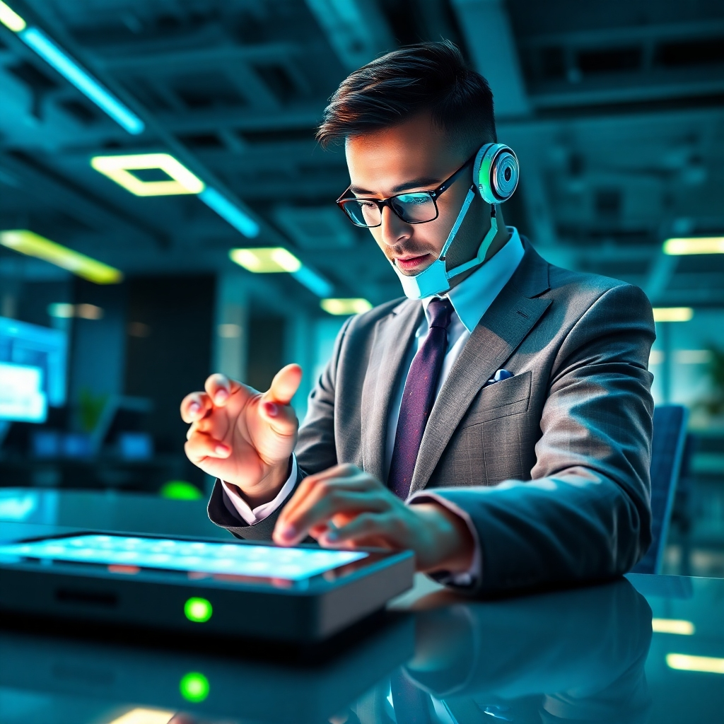Imagine a dynamic, photorealistic image showcasing a business professional interacting with a responsive AI chatbot on a digital device. The backdrop features a modern office with high-tech elements, illuminated by bright LED lights. The color scheme consists of vibrant blues and greens, encapsulating innovation. The scene conveys urgency and forward-thinking, with textured surfaces highlighted by reflections. The representation should be immersive and convey the transformative nature of chatbots.