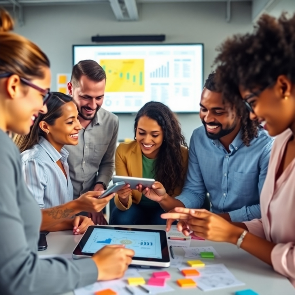 Imagine a photorealistic image showcasing a diverse group of individuals in a collaborative workspace. They are brainstorming ideas on digital tablets with diagrams and notes scattered around. The composition should use bright, energetic lighting with a color palette of yellows and blues to inspire creativity. Include props like charts on screens and sticky notes to enhance the feel of teamwork and innovation in a modern office setup.