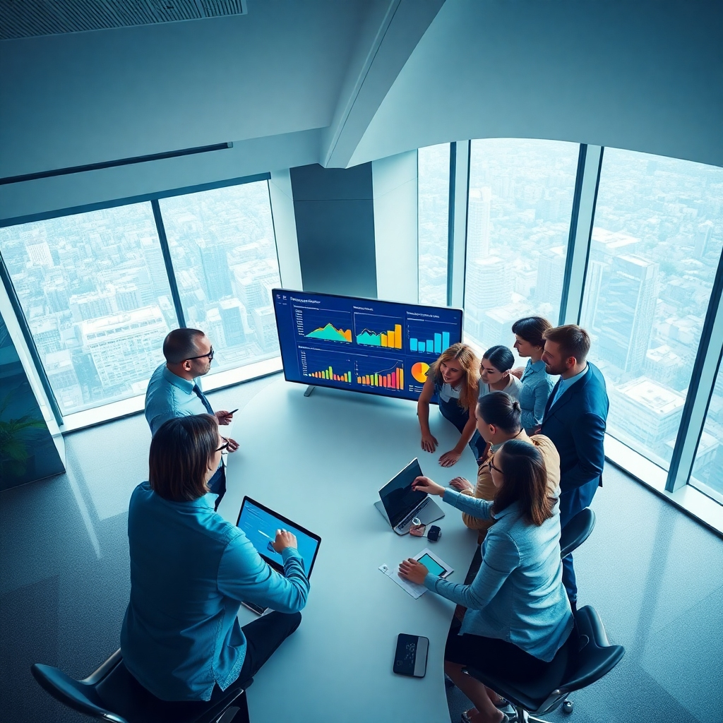 Imagine a sleek, modern office environment where a diverse team of professionals is collaborating around a large digital screen displaying vibrant engagement analytics. The scene is illuminated with soft diffused lighting that creates a welcoming atmosphere. The color palette includes a mix of blues, greens, and warm neutrals, evoking a sense of innovation and teamwork. The camera angle shows a dynamic bird's-eye view, highlighting the interaction among the team while focusing on the intricate details of the digital interface filled with colorful graphs and charts. Textures include glossy finishes on the tech equipment and a matte surface on the table. In the background, large windows reveal a sprawling cityscape, adding depth. The style is hyperrealistic, capturing every detail with 8K resolution and ultra-detailed rendering.