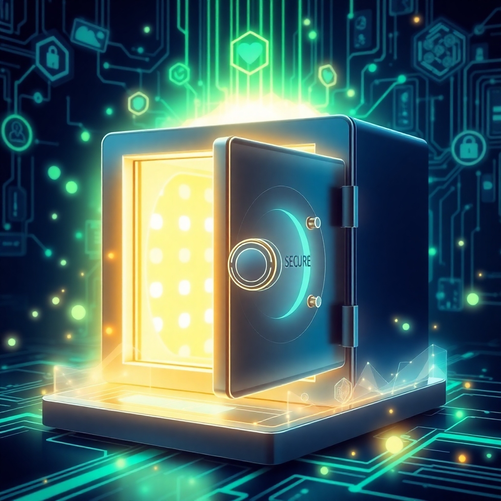 Imagine a stylized image featuring a digital vault represented as a glowing secure safe surrounded by vibrant digital elements symbolizing prosperity. The setting should be futuristic with cool blue and green hues showcasing security and stability. The light should emanate from the safe to create an intriguing focal point, emphasizing the importance of digital protection and reliable resources.