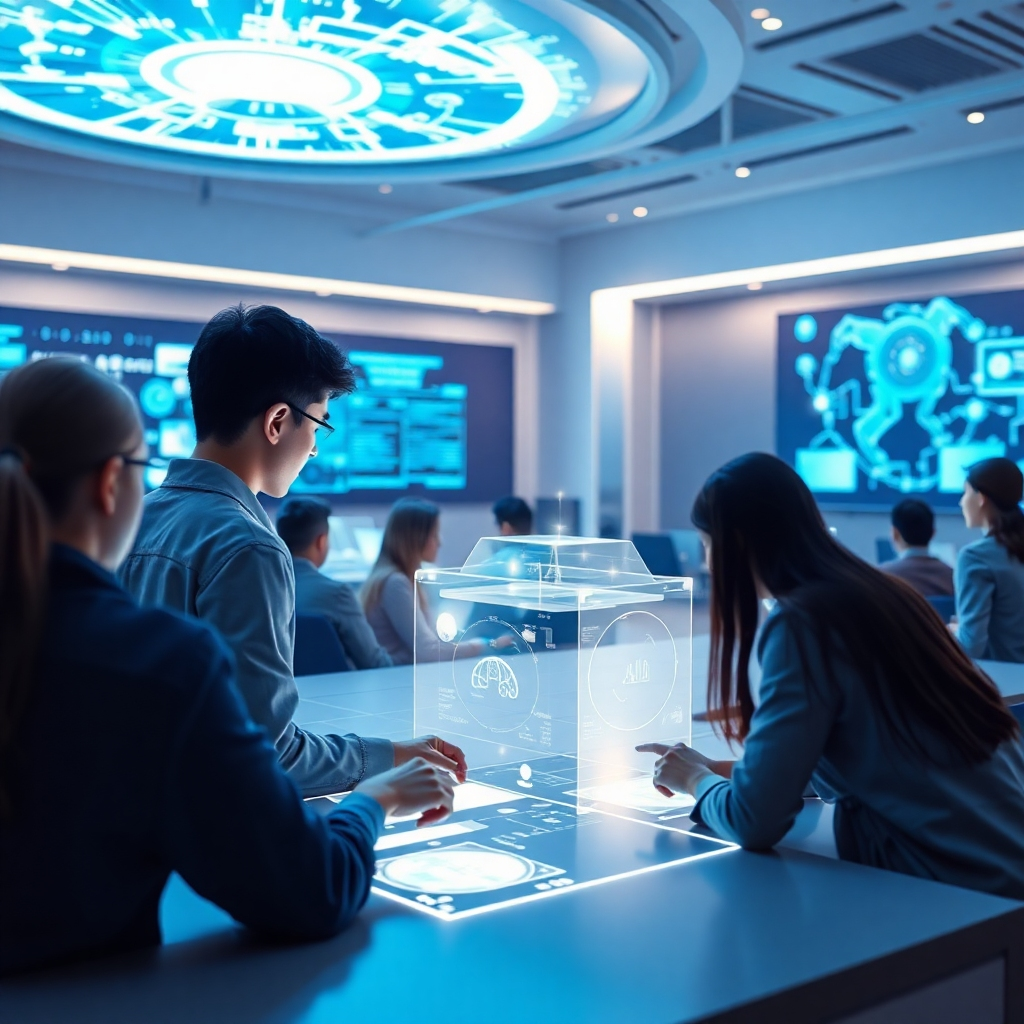 Imagine a stylized image that embodies the essence of innovation in eLearning. The scene should include a futuristic classroom where students interact with holographic displays and AI interfaces, showcasing advanced learning methods. The lighting should be soft yet illuminating, with a palette of blue and white, signifying technology and clarity. Capture this moment from a perspective that highlights the interplay of technology and human connection. High quality, 4K resolution, focusing on the blending of technology and learning environments.