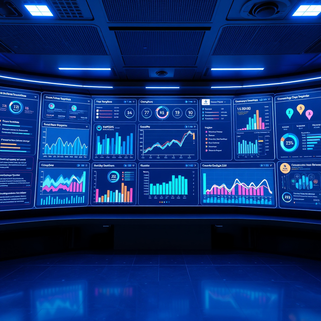 Imagine an all-encompassing digital dashboard displaying diverse tools for online business management. The dashboard should be sleek and futuristic, with graphs, analytics, and planning features visible. The lighting should be cool and high-tech, with a blue color palette. Position the camera at a 45-degree angle to capture depth and complexity, showcasing the comprehensive nature of Empirely’s offerings. Ensure the final image is photorealistic and impactful, resonating with potential users.