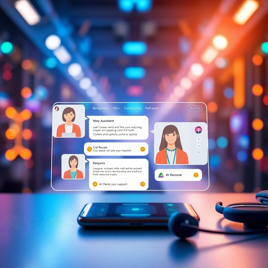 Portray a dedicated customer support interface of Go Beaver AI Suite with chat windows showing assistant avatars and quick response icons. The backdrop features vibrant tech elements highlighting AI support features. Bright, inviting lighting should permeate the scene, creating a friendly atmosphere. Use a modern, colorful palette featuring blues and oranges to represent technology and support. The image should include elements like a smartphone and headset to signify accessibility and usability, captured in a detailed and high-quality photorealistic style.