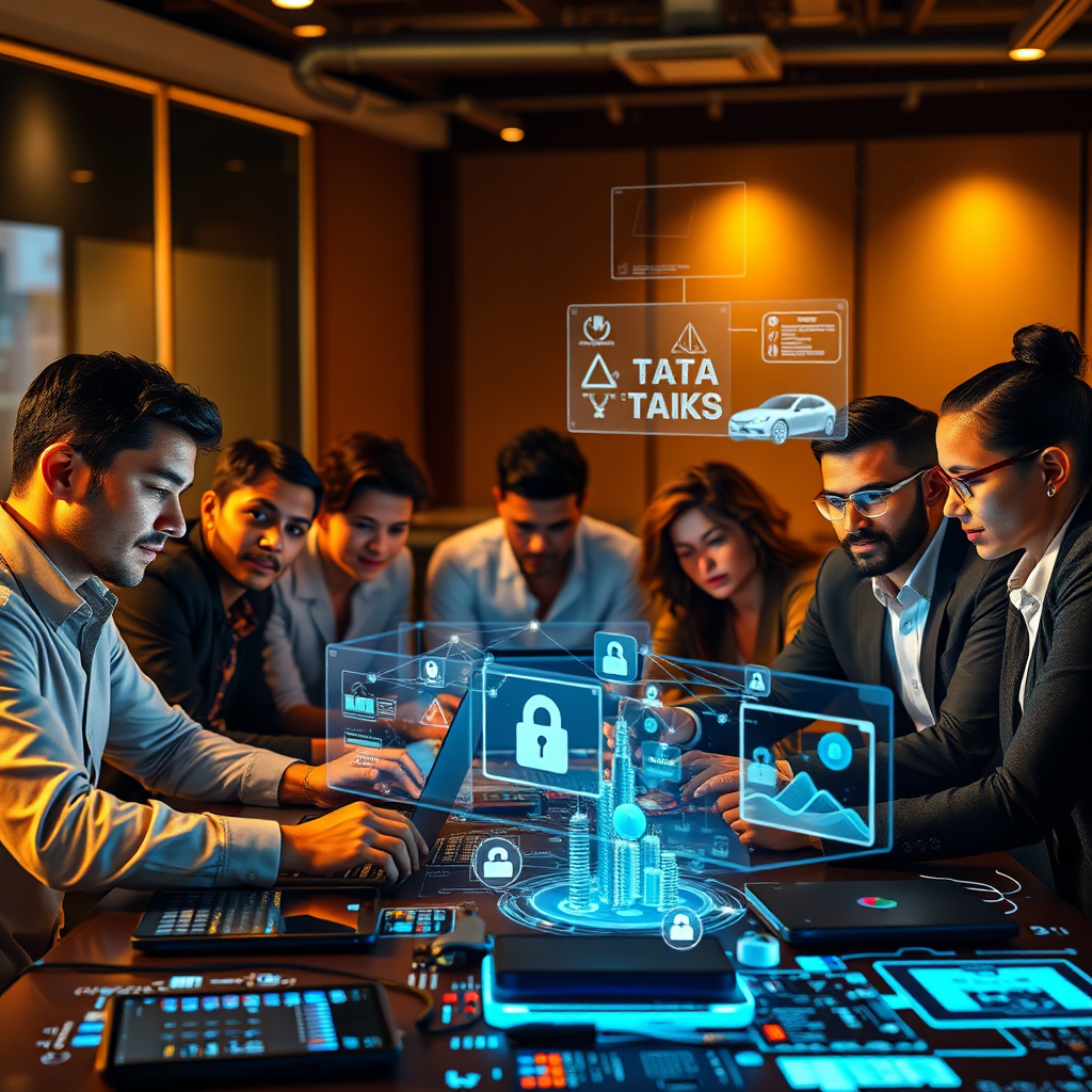 Portray a diverse team of cybersecurity professionals collaborating over a table filled with digital tools and devices. Include holograms mapping out data breaches and solutions. The atmosphere should be collaborative with warm lighting, fostering a sense of teamwork. Render this image in high quality, focusing on the expressions of determination and cooperation among team members.