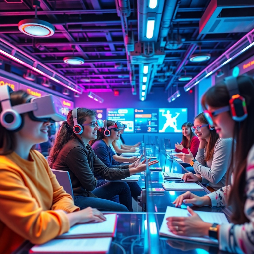 Portray a high-tech learning hub filled with students engaging in various future-oriented learning models. Include VR experiences and AI tutors guiding the learning process. The lighting should be futuristic, with neon accents highlighting the technology. The camera angle should provide a panoramic view of the engaging educational atmosphere, capturing innovative learning interactions. High-quality, 150-200 words.