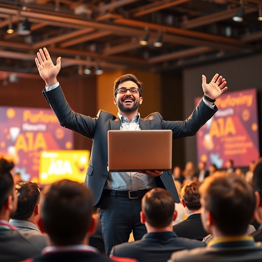 Portray a passionate entrepreneur triumphantly presenting a laptop showcasing a completed AI SaaS application, surrounded by an engaging audience. Use bright, uplifting lighting to create a celebratory atmosphere, with a color palette featuring warm yellows and oranges for energy and enthusiasm. The camera should capture the scene from a slightly low angle, emphasizing the achievement and excitement in the room. Textures should highlight fabric details on the entrepreneur's attire and the sleek design of the laptop. Add background elements like vibrant banners promoting AI technology. Utilize a professional yet modern style, reminiscent of inspiring tech conferences. This image should be hyperrealistic, achieving 8K resolution with every detail meticulously rendered.