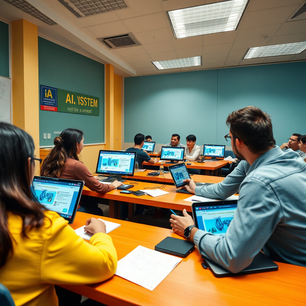 Show a classroom-like setting where individuals are engaged in an interactive A.I. training session. Desks should be equipped with devices displaying A.I. systems and learning materials. Use vibrant colors to make the environment feel active and engaging. The lighting should be bright, enhancing the focus on participant learning. Capture both the interaction of the trainer and the learners through the camera angle, fostering a sense of community.