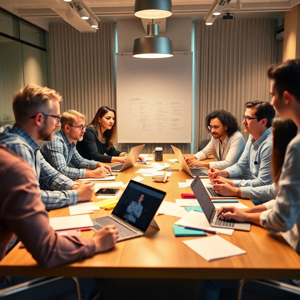 Show a consulting session with a diverse team brainstorming around a table littered with creative notes and laptops. The atmosphere should feel collaborative and energetic, with warm lighting enhancing the productivity vibe. Style references: team brainstorming. 4K resolution, high quality.