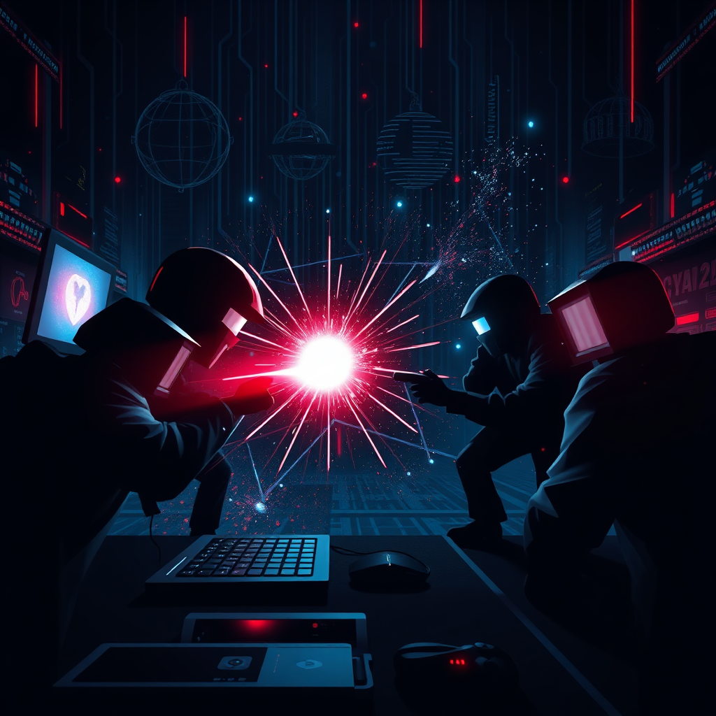 Show a dramatic scene of virtual cyber battle, with elements of firewalls engaging cyber threats, represented as shadowy figures. A bright glow comes from the firewalls, indicating defense capabilities. Use a dark color theme to enhance tension with splashes of bright colors for the defense mechanisms. This stylized depiction should create an epic feel, rendered in a high-quality style.
