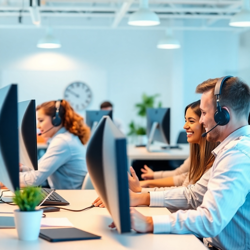 Show a friendly customer support environment, with staff assisting clients via phone and chat interfaces, all powered by Go Beaver AI Suite. The visuals should include engaging on-screen interactions and enthusiastic team members collaborating at their desks. Bright, inviting lighting creates a welcoming atmosphere with a color palette that features soft blues and whites. Focus on details that exemplify quick service and assistance, ensuring a realistic portrayal in photorealistic detail, captured in high quality to convey warmth and reliability.