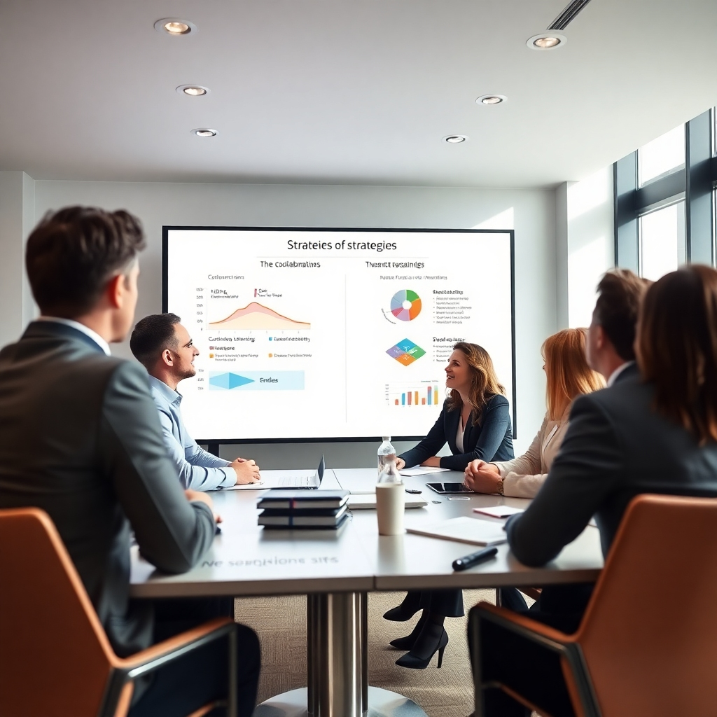 Show a group of professionals discussing strategies in a modern conference room, supported by a digital presentation displayed on a large screen. The environment should foster productivity, with natural light streaming in. Use a cohesive color palette that inspires confidence and cooperation. High-resolution imagery is critical for capturing collaborations.