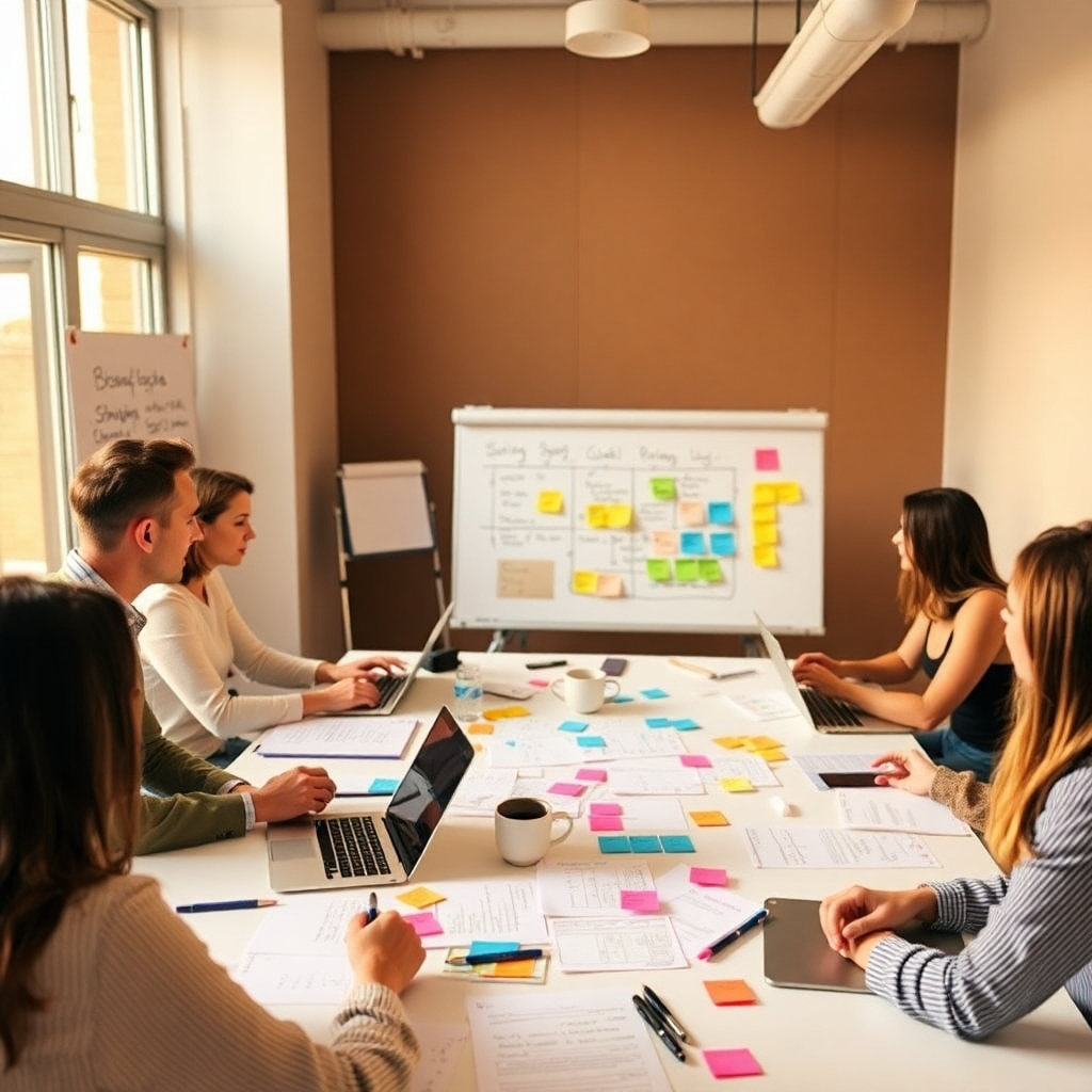 Show a team working on strategy development, gathering around a large table filled with notes, laptops, and brainstorming material. Use soft warm lighting to cultivate a collaborative environment. Include elements like whiteboards with strategies outlined, colorful post-it notes, and team engagement to create a candid, high-quality image indicative of active strategy sessions.