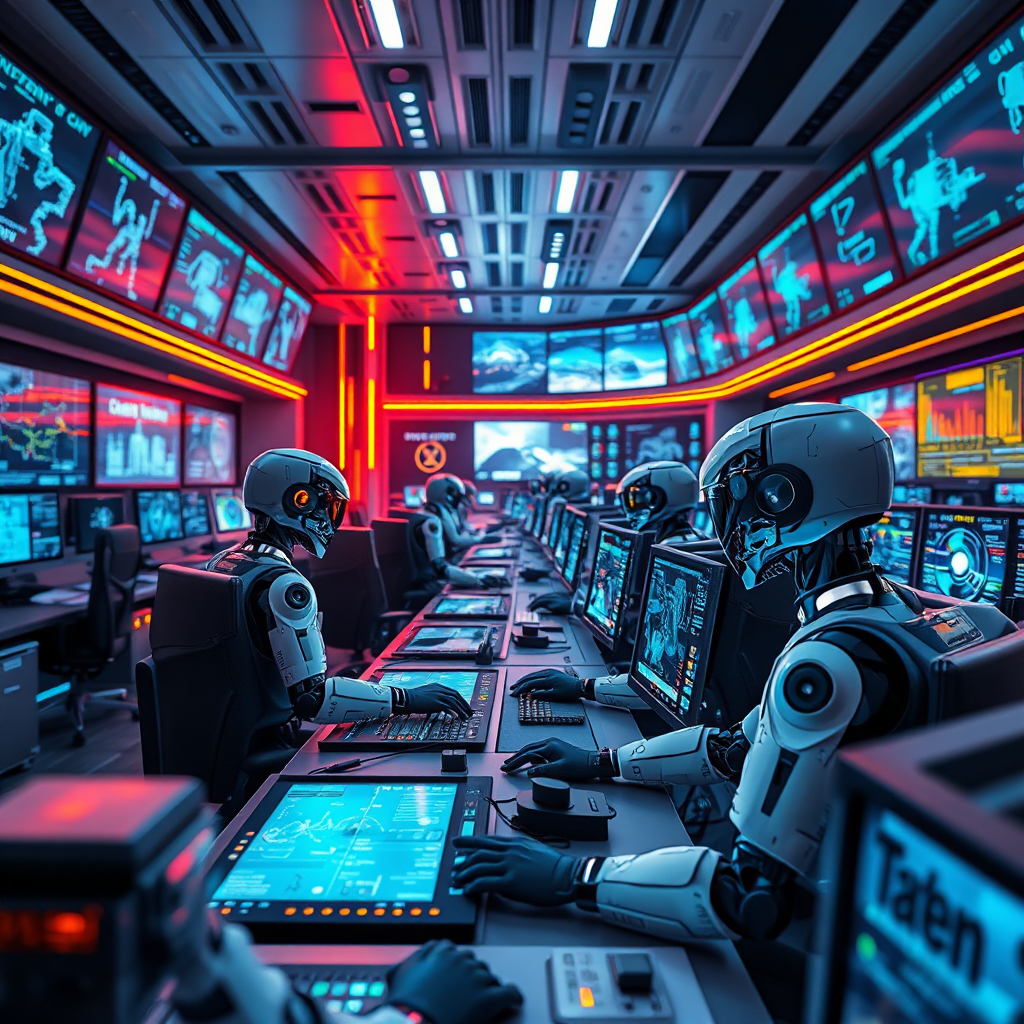 Showcase a bustling control room with multiple A.I. avatars operating various interfaces and showcasing real-time data changes. The atmosphere should be filled with dynamic light effects from screens, illustrating constant interaction. Use a blend of modern architectural elements and digital tools in the setting, creating an immersive tech atmosphere. The image should be high detail, emphasizing the lively engagement of the A.I. in monitoring and navigation efforts.