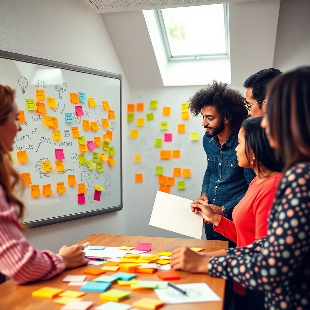 Showcase a creative workspace where a team is brainstorming around a digital whiteboard filled with post ideas. The image should feature diverse individuals collaborating, with colorful sticky notes and sketches around them. Soft, natural lighting should create a warm and inviting feel. Use a bright, creative color palette to symbolize ideas flowing freely. Highlight the dynamic interaction of the team as they engage in the creative process. High-resolution quality is important for vibrant detail.