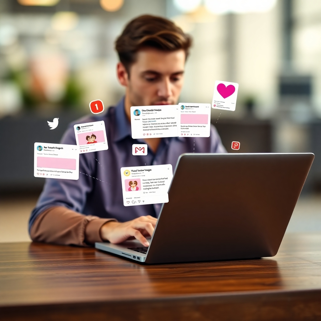 Showcase a dynamic scene with eye-catching social media posts being shared on different platforms, illustrated as vibrant notifications flying out from a central character using a laptop. Use a vivid color palette to capture attention and convey a sense of speed. The background should be blurred to emphasize the subject and the posts. Target for a crisp, photorealistic quality.