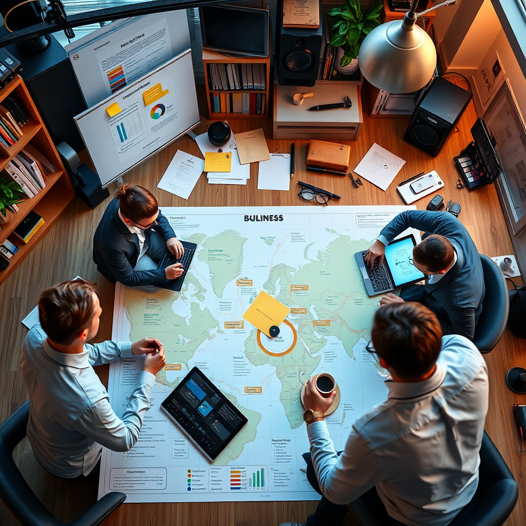 Showcase a group of strategists collaborating over a large map containing business goals and milestones. Use a well-lit room filled with advanced tech gadgets and tools. The lighting should be warm and inviting, with a colorful yet professional palette of blues, greens, and earth tones. Include details like laptops, coffee cups, and brainstorming notes to create a dynamic atmosphere. Capture this scene from a bird’s eye view to convey teamwork and comprehensive planning in a photorealistic high-quality format.