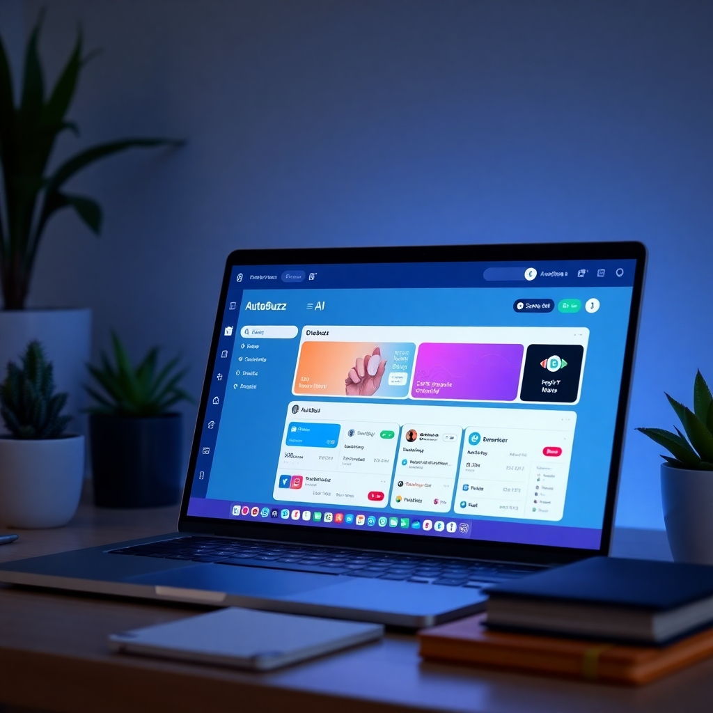 Showcase a laptop screen displaying a user-friendly dashboard of AutoBuzz AI, with widgets for various social media platforms. The environment should be clean and organized, using balanced lighting to draw attention to the screen. Incorporate decorative elements like plants and notepads for a relatable feel. Aim for a high-quality, polished look that translates well in a 4K resolution.