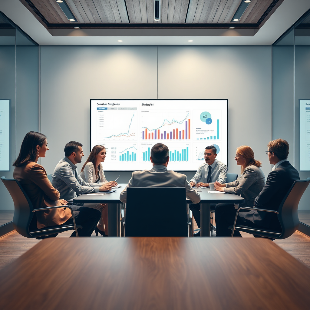 Showcase a professional service meeting where strategies are being discussed. The image should reflect a group of experts around a conference table illuminated by soft lighting, with digital charts displayed on a screen. The color palette should consist of earth tones to maintain professionalism. Include textures of wood and glass to enhance the corporate environment. Aim for a high-quality, photorealistic finish.