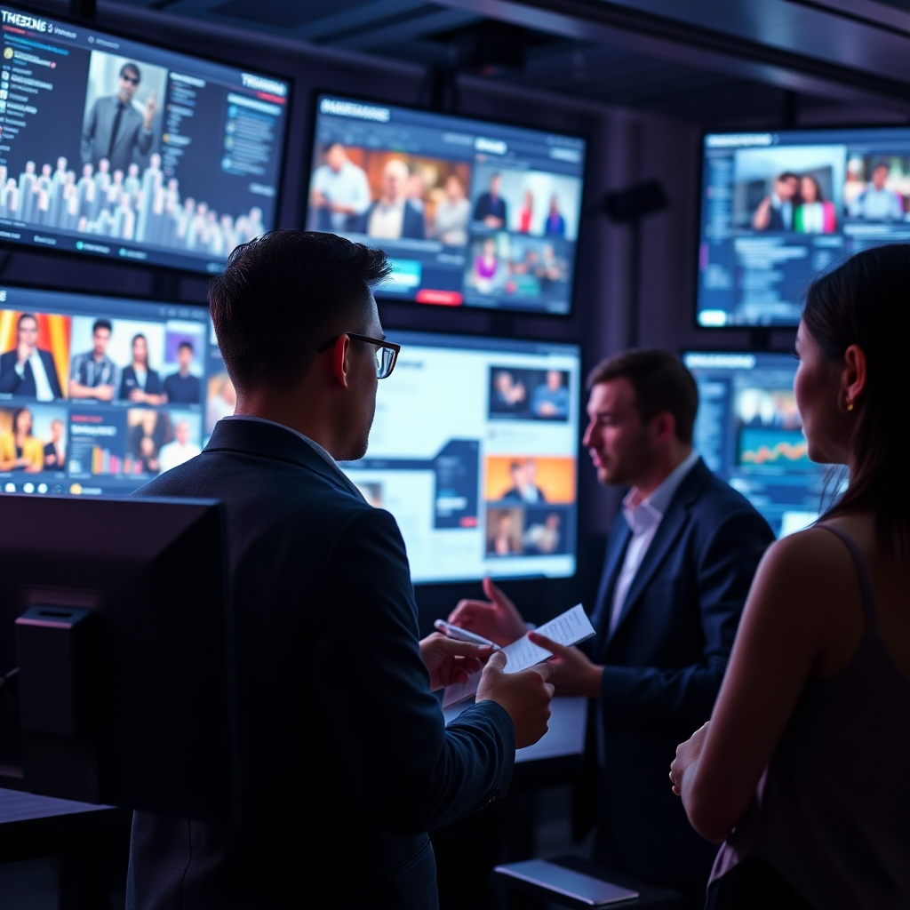 Showcase a scene of a social media strategist monitoring real-time trends using advanced AI tools. The setup should include multiple screens displaying trending topics and social feeds, with exciting colors and dynamic content. Frame the strategist in action, taking notes or engaging in discussions with colleagues. The lighting should be bright and dynamic, emphasizing urgency and relevance to the trends. Strive for a high-quality, photorealistic portrayal that captures the fast-paced nature of social media trends and engagement.