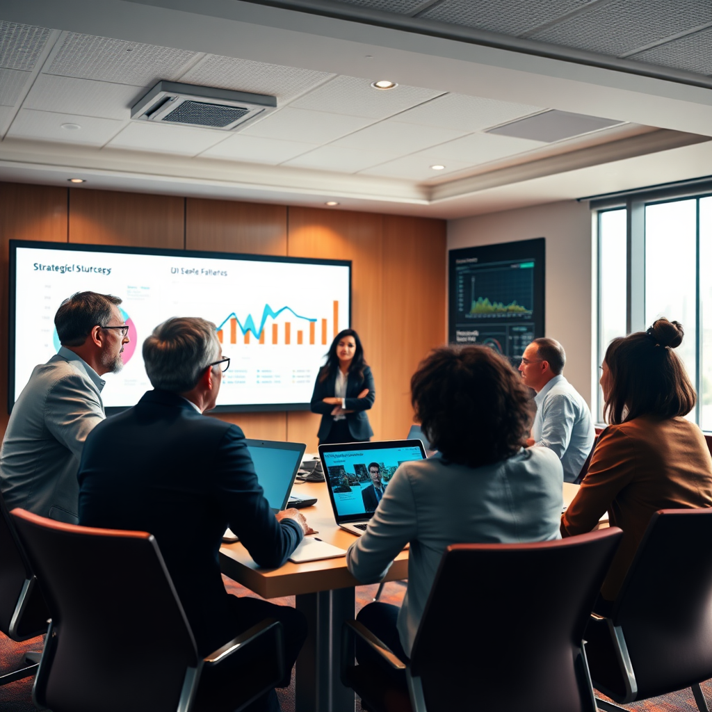 Showcase a strategic meeting where diverse business leaders are planning their next steps using digital tools. Use a well-lit conference room setting with a large screen displaying analytics. The atmosphere should be one of excitement and strategic thinking. Integrate a mix of warm and neutral colors to reflect professionalism and clarity. Capture the scene from a corner angle to include a wide view of interactions, props like laptops and projectors enhancing the visual context. Aim for high-quality, photorealistic details.