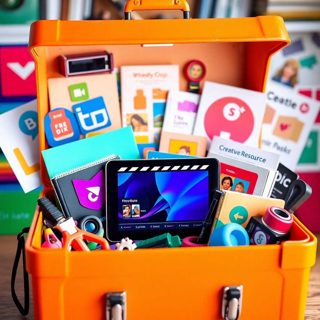 Showcase a vibrant toolbox filled with digital tools, such as video editing software icons, creative resource books, and inspiration boards. The lighting should be inviting, with a focus on the contents of the toolbox as the hero of the image. The overall style should be bright and engaging, drawing the viewer's eye to the opportunities available.