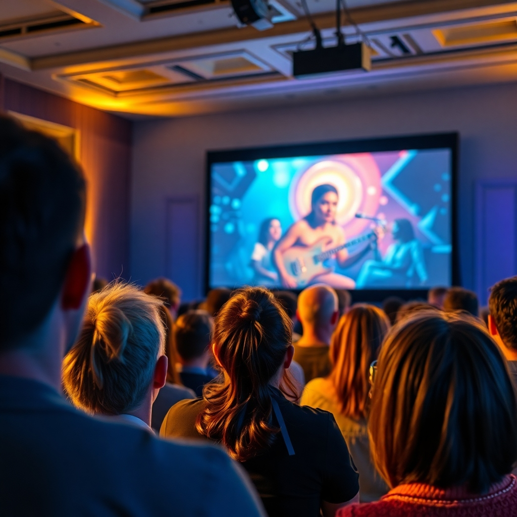 The image displays an audience watching a screen with remarkable visuals, showcasing compelling storytelling. The environment is filled with excitement and engagement, captured with dynamic angles of the captivated faces. Ambient lighting creates an inviting feel, while a rich color palette of blues and yellows provides a sense of intrigue and inspiration. The setting feels intimate yet inspiring, reflecting the connection between creator and audience.