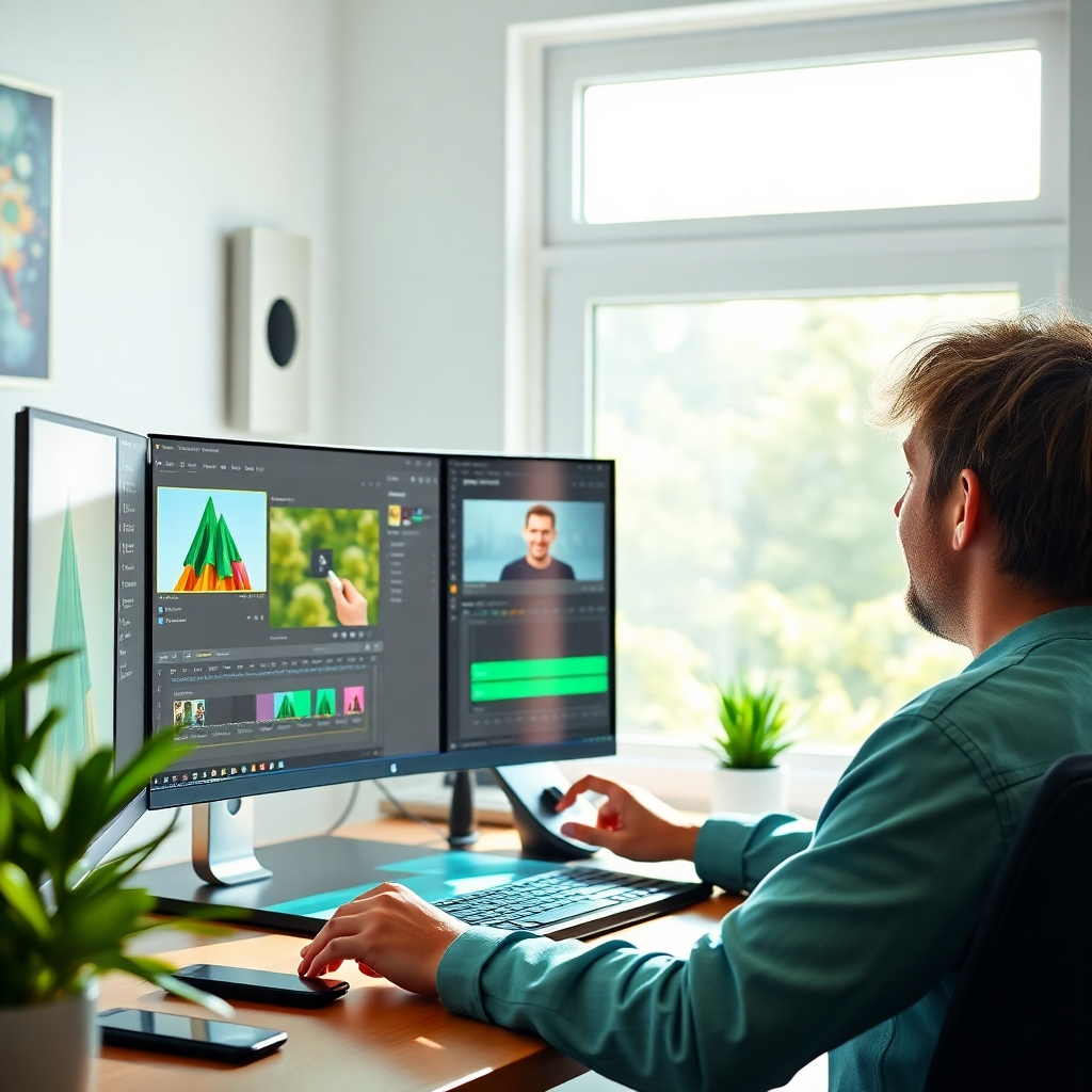 The image showcases a visually engaging workspace, with a user enthusiastically navigating the RocketVideosAI platform. The computer screen displays an animation timeline and various tools for editing video content. Bright, natural light floods in through a window, enhancing the creative atmosphere. The colors are vibrant, with greens and blues dominating the scene, symbolizing inspiration and innovation. Hyperrealistic details highlight the technology's efficiency and ease of use, making it an inviting and modern creative space.