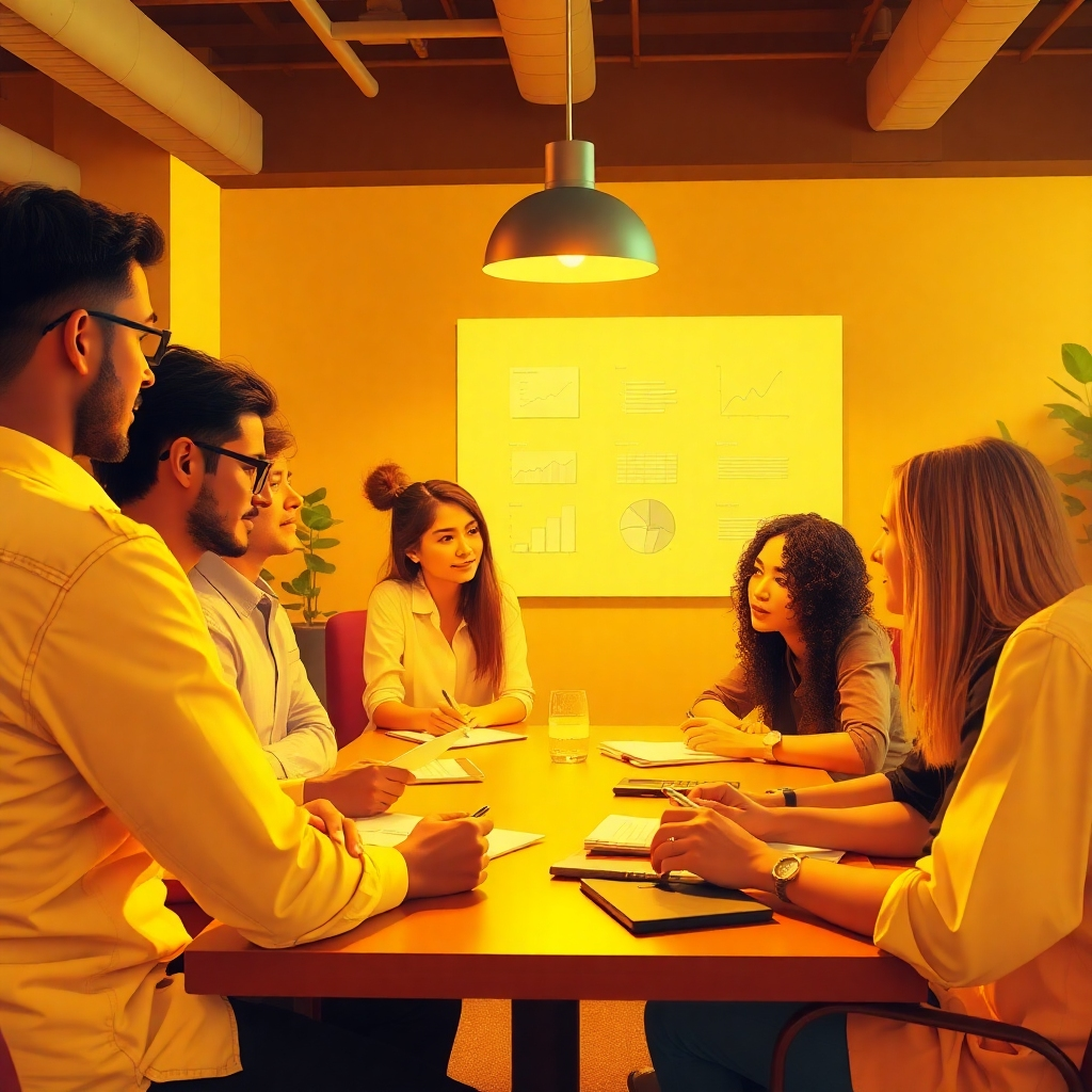 Visualize a brainstorming session where team members discuss budget sheets and AI tools. Warm, ambient lighting should provide a collaborative vibe. Use a palette of warm yellows and browns for a cozy feel. The perspective should be a slightly elevated view showing diverse team members actively engaged. Textures can reflect a homey office environment. Style references: friendly and collaborative.