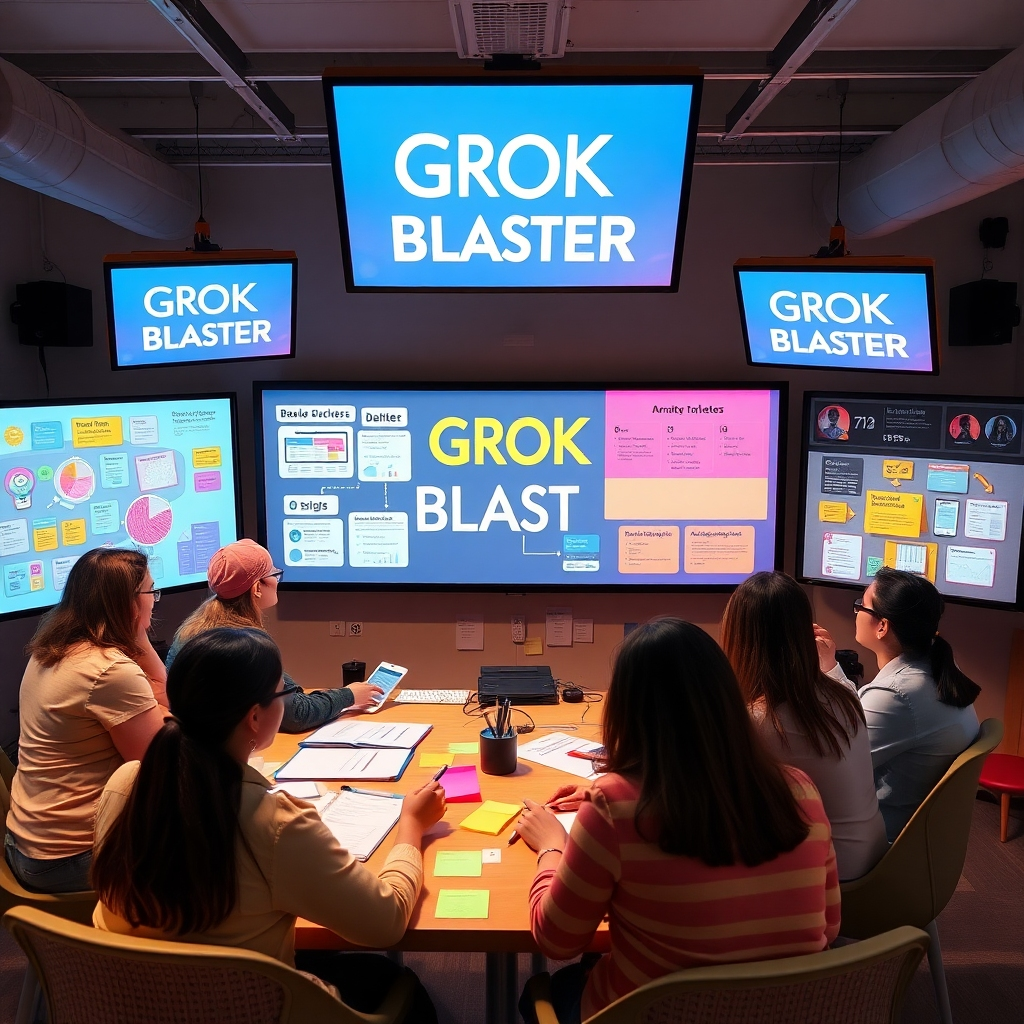 Visualize a brainstorming session where creative marketers engage with the Grok Blaster tool, surrounded by digital screens displaying innovative marketing strategies. The scene should be well-lit, with a focus on vibrant brainstorming visuals. Incorporate props like charts and sticky notes to represent creativity and organization. The colors should be energetic and upbeat, enhancing feelings of inspiration. Use a slight overhead camera angle to capture the full sense of collaboration and innovation.