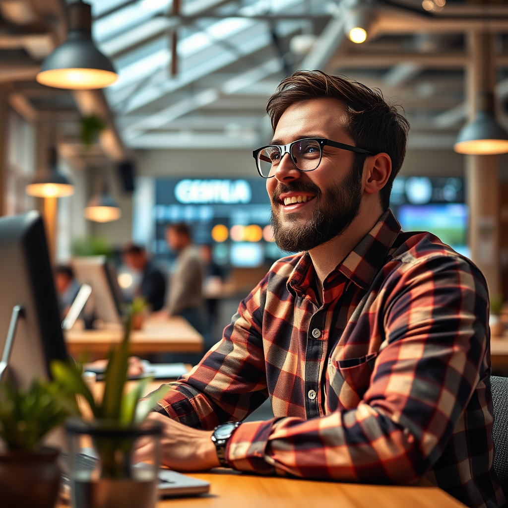 Visualize a business owner successfully integrating AI systems into their operations. The setting is lively, showcasing a fusion of technology and traditional business. Lighting is bright and optimistic, encouraging innovation. Use a modern color palette to accentuate the fusion of AI and traditional workspaces. Capture the moment in a compelling angle for high-quality detail.