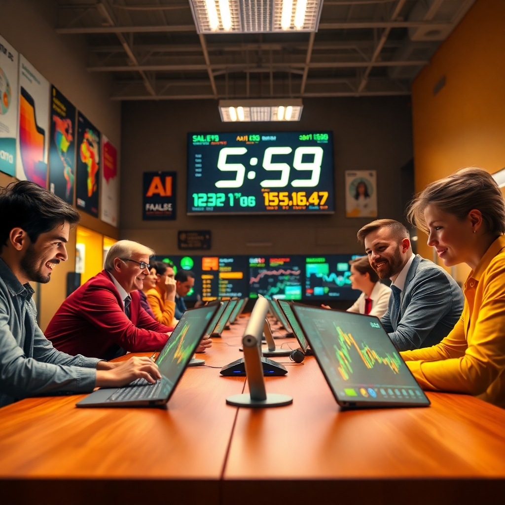 Visualize a bustling sales floor with AI-powered digital dashboards that showcase live sales data. The atmosphere is energetic with bright, high-contrast lighting highlighting the enthusiastic sales team working together. The color scheme consists of energizing yellows, deep reds, and crisp whites, conveying urgency and success. The perspective is from a slightly low angle, emphasizing the power of AI tools being used by confident sales professionals. The textures include polished wood on the desks and high-tech screens radiating light. Background elements feature motivational posters and a large digital clock tracking performance. The style is cinematic, with a focus on hyperrealism and 8K texture details, capturing the momentum of a successful sales environment.